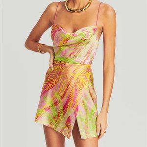 Tropical Leaf Print Mini Dress - Pink & Green